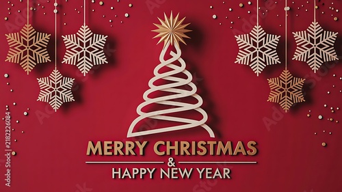 Merry christmas greeting with decorative tree and snowflakes for holiday celebration