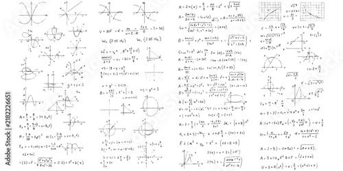 Bild auf Leinwand Collection of complex mathematical formulas and geometric graphs written on pape