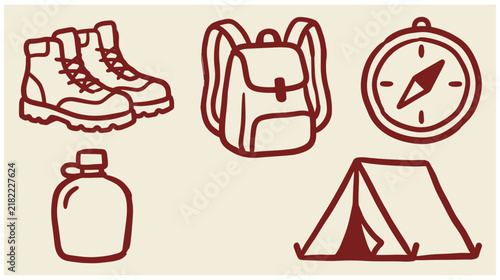 Drawn camping equipment set including hiking boots backpack compass canteen and tent with camping gear hand drawn icon set water bottle backpack adventure outdoors illustration