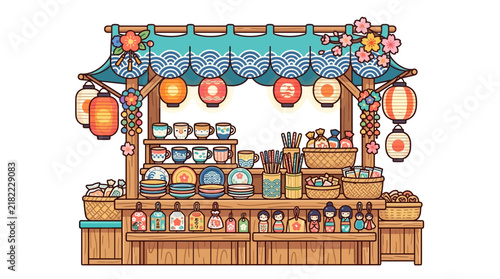 Traditional Japanese pottery and ceramics festival stall.