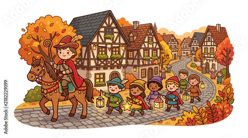 Medieval people walking through village with lanterns.