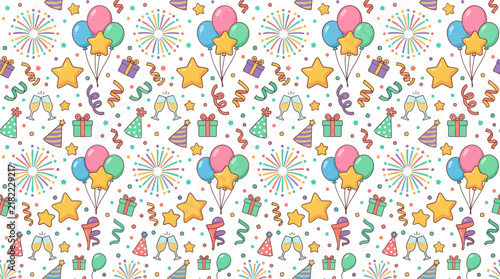 Seamless celebratory pattern with balloons and gift boxes.