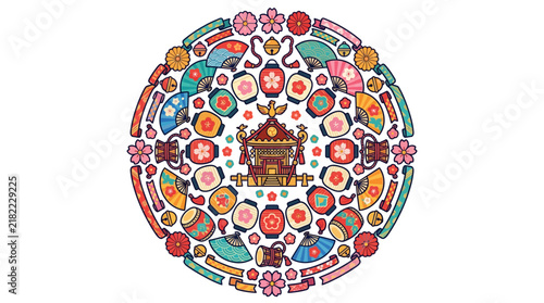 Circular mandala composition featuring various Japanese cultural icons.