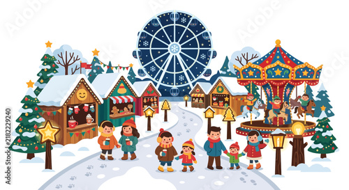 Snowy street with Christmas market stalls and carousel.