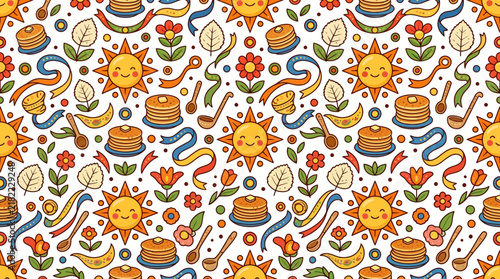 Seamless Maslenitsa pattern with sun and food icons.