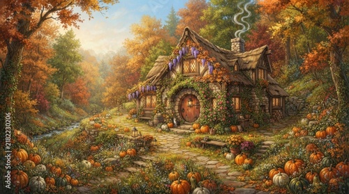 Enchanting cottage nestled in a vibrant autumn forest with pumpkins galore