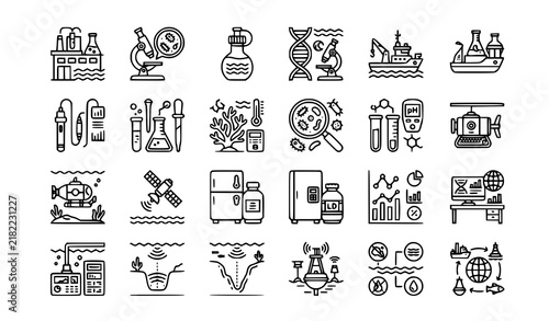 Set of hand drawn oceanography and marine science icons depicting research equipment and environmental monitoring tools