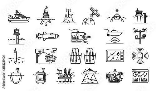 Set of hand drawn oceanographic research and marine technology equipment icons for scientific data collection and monitoring