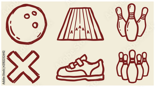 Set of sketch style bowling vector icons featuring ball pins shoes and lane markings hand drawn line art recreation entertainment competition equipment activity monochrome drawings