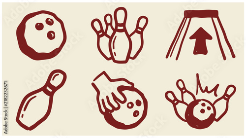 Collection of hand drawn bowling game sketches showing ball pins hand and falling pins with bowling icons line art recreation entertainment competition equipment activity monochrome