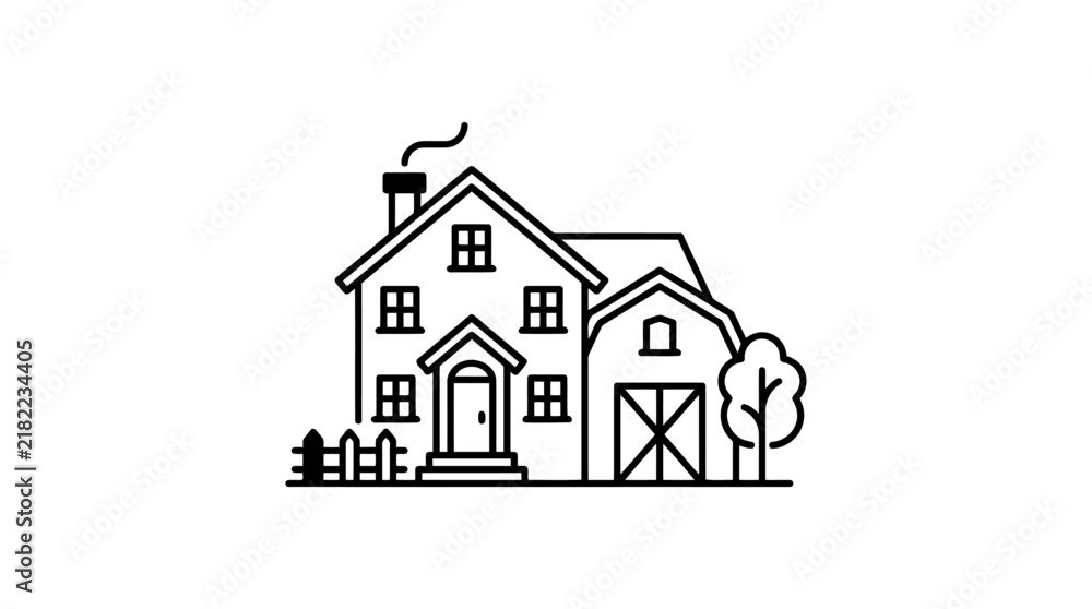 Fototapeta premium Farmhouse and barn illustration presents a simple black silhouette dwelling