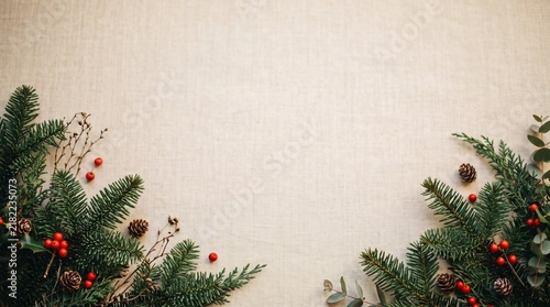 Pine branches with red berries and eucalyptus on beige linen background