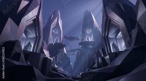 Abstract dark background with sharp geometric shapes and glowing light rays creating a mysterious futuristic tunnel effect