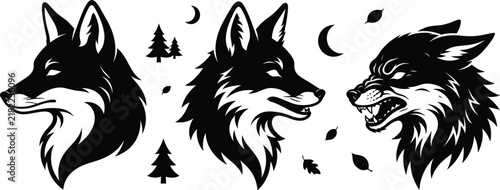 Bild auf Leinwand Wild wolf head silhouette and angry growling coyote face vector illustration set