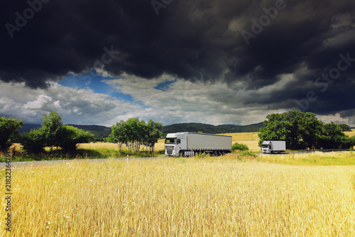 A truck on a highway drives through a wide landscape, transporting goods