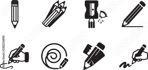 Set of black pencil icons for drawing, writing, and school stationery design elements.