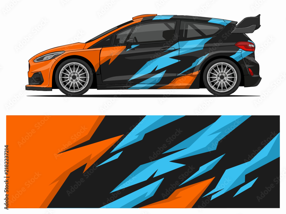 Naklejka premium Orange and blue racing car with dynamic wrap design