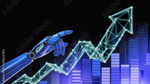 Robotic hand reaching toward rising stock market chart with digital growth