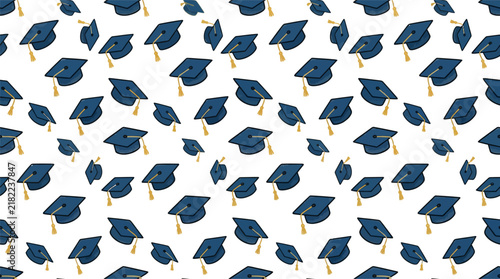 Seamless pattern of dark blue graduation caps on white background.