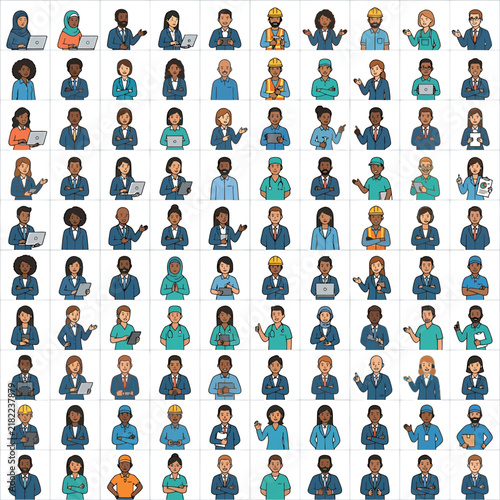 Professional diverse worker avatars in various career uniforms
