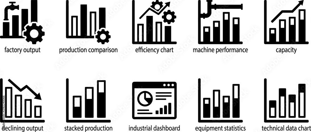 Obraz premium Set of ten black and white business icons featuring various bar charts and data analysis growth symbols
