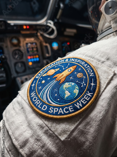 Astronaut spacesuit sleeve with colorful embroidered outer space mission patch