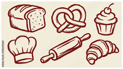 Hand drawn bakery illustration with sliced bread pretzel cherry cupcake chef hat rolling pin and croissant collection illustration breakfast creativity creation production