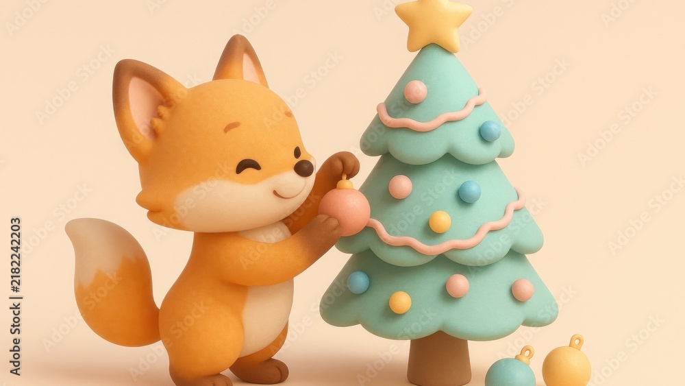 Fototapeta premium Cute fox decorates Christmas tree desktop wallpaper