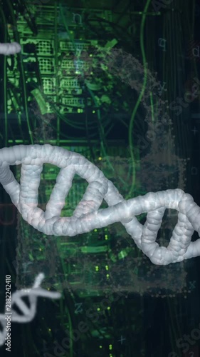 Animation of spinning dna strand over data processing