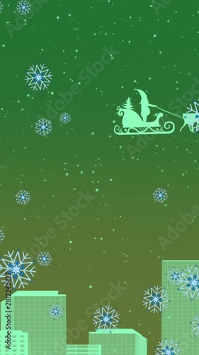 Animation of snowflakes falling over santa claus in sleigh pulled by reindeers and cityscape