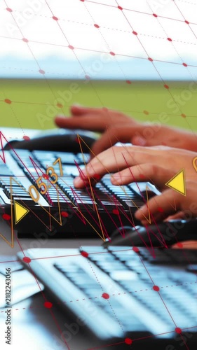 Animation of data processing against mid section of kids using computer at school