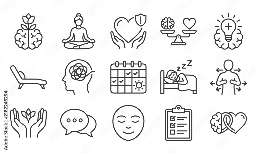 Obraz premium Set of mental health icons for world mental health day featuring therapy wellness and psychological support line art illustrations