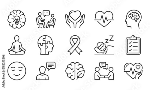 Set of thin line icons for world mental health day featuring therapy mindfulness and emotional wellness concepts