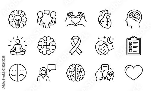 Set of line icons representing mental health concepts for world mental health day awareness and medical support design