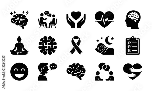 A comprehensive collection of black silhouette icons representing mental health awareness and support for world mental health day