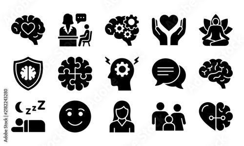 Set of black mental health icons representing psychology and wellness for world mental health day awareness campaigns