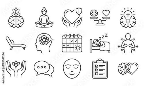Set of mental health icons for world mental health day featuring therapy wellness and psychological support line art illustrations