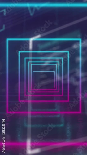 Animation of looping squares tunnel over globe, map, loading circles and bars on abstract background