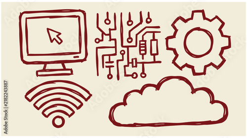 Hand drawn tech icons featuring computer circuit board and cloud storage cloud computing technology computer illustration internet wireless electronics elements abstract connection