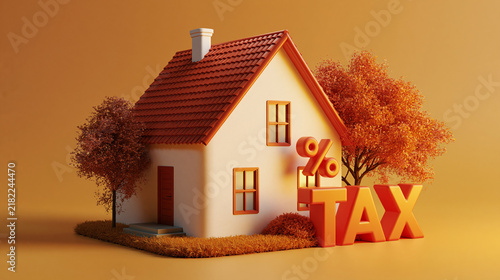 3D Rendering of a House with Autumn Trees and Large Percentage and Tax Symbols