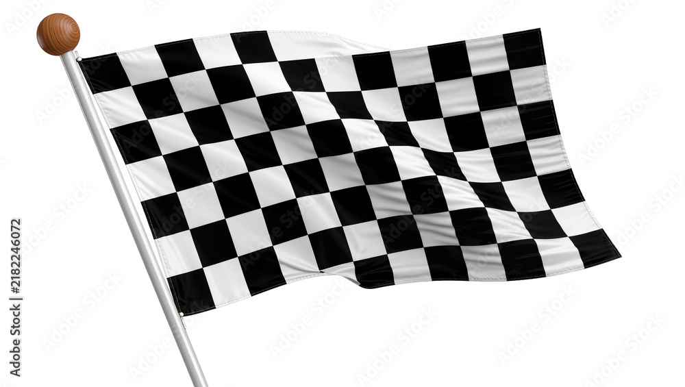 Obraz premium Waving checkered flag with wooden ball on pole, isolated on transparent background