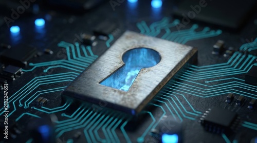 Cybersecurity Microchip with Glowing Keyhole Padlock on Circuit Board