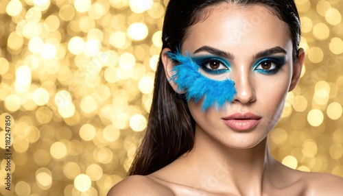 Woman with blue eye makeup and gold background.