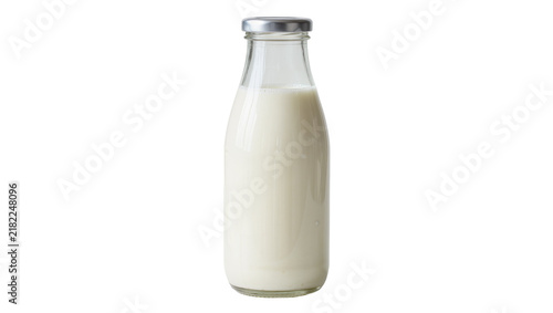 Bild auf Leinwand Glass milk bottle with silver cap full of white liquid, isolated on transparent