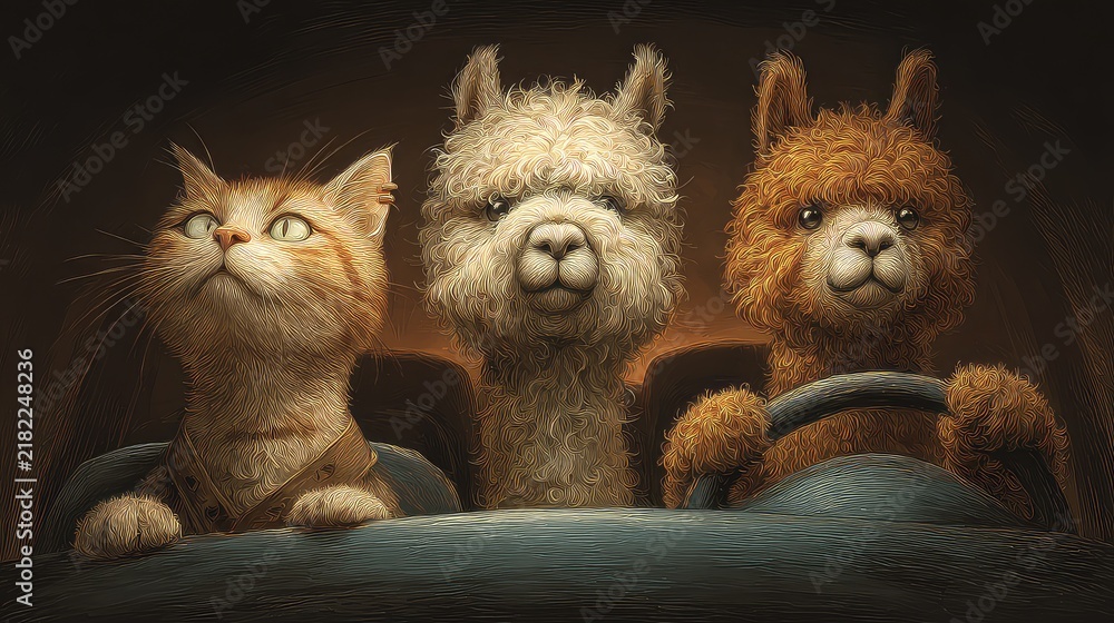 Fototapeta premium Animal Friends on a Road Trip Adventure with a Cat and Two Alpacas