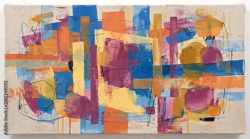 Vibrant abstract painting with yellow and orange shapes