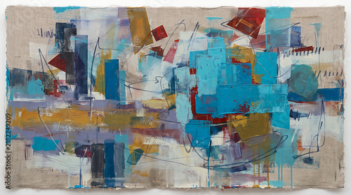 Abstract blue and teal geometric painting on canvas