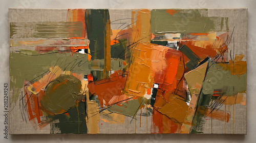 Abstract geometric painting with orange and green tones
