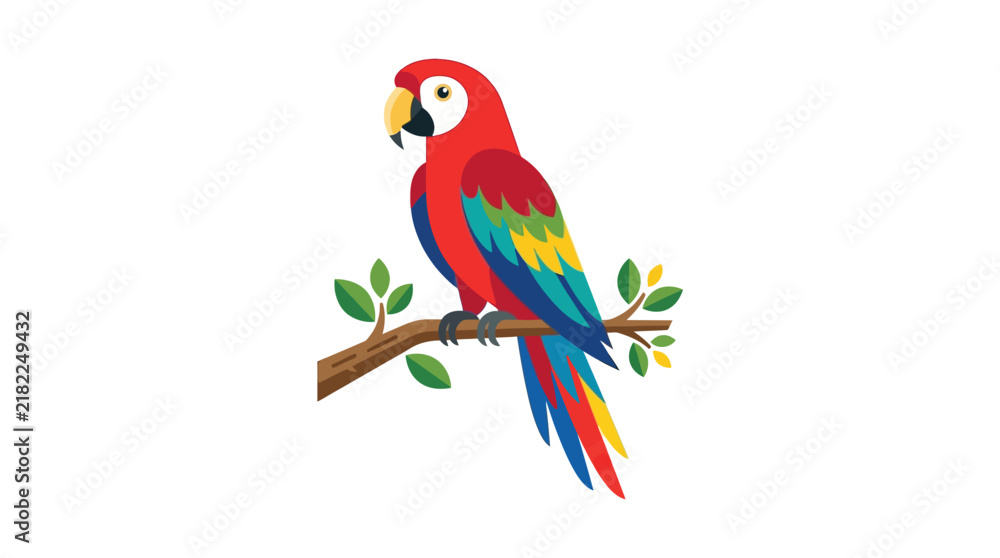 Obraz premium Colorful macaw perched on a branch flat vector illustration