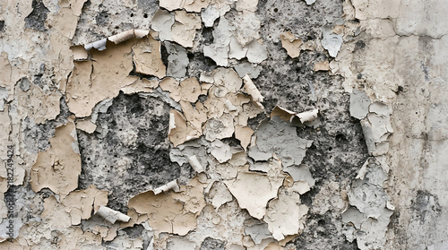 Peeling beige paint on rough gray wall